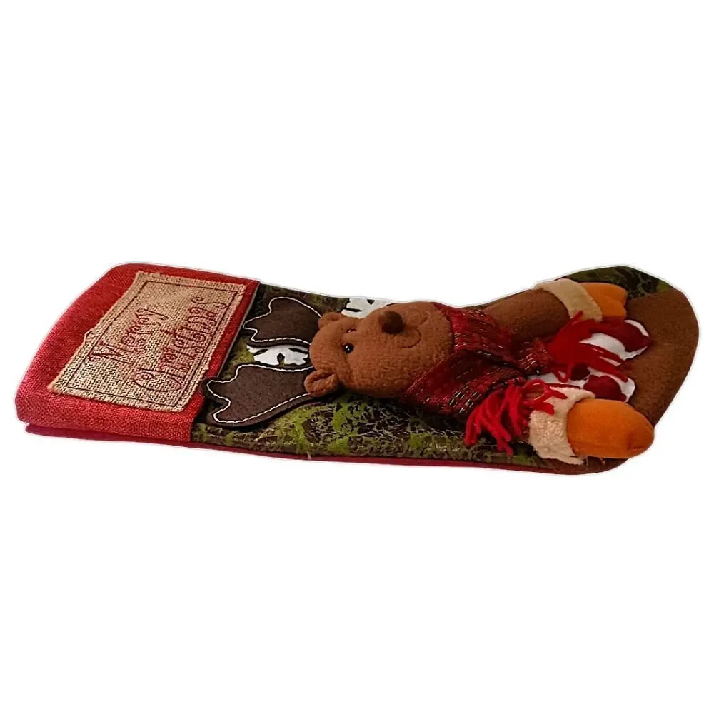 Reindeer‎ Moose Christmas Stocking Plush Folk Art Cabin Rustic Farmhouse Holiday